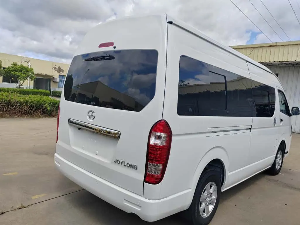 Rear view of a white Joylong electric minibus